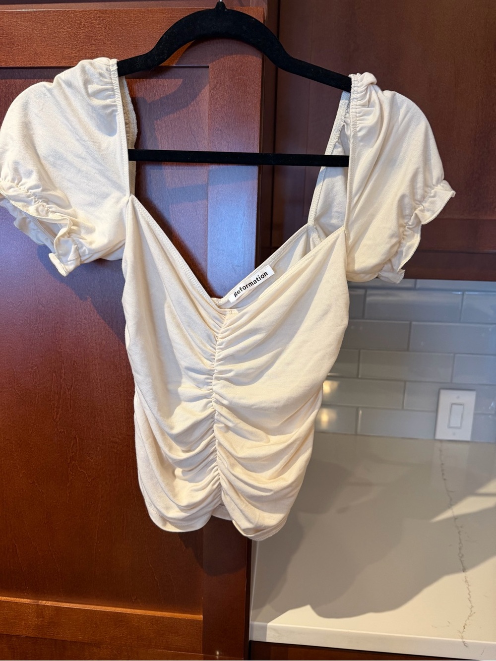Reformation Cream Ruched Puff-Sleeve Crop Top